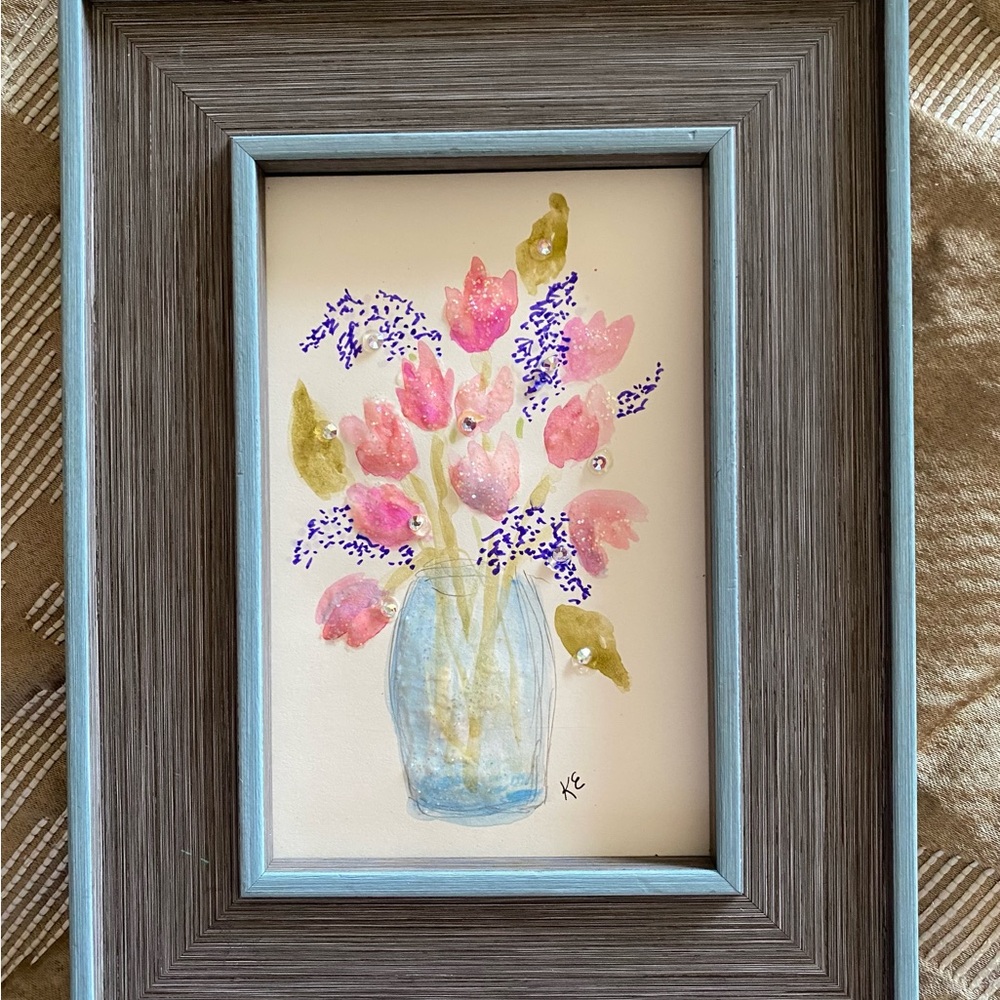 Watercolor Floral framed painting, Swarovski Crystals. OOAK  6.25 X 8.75 Inches.